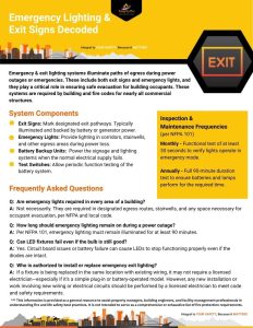 Infographic preview for "Emergency & Exit Lighting Decoded" by Integrity Fire. Visual summary of critical life safety components and NFPA 101 testing requirements for emergency and exit lights.