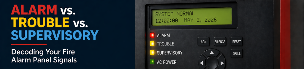 Fire alarm control panel displaying alarm, trouble, and supervisory signals with screen showing system status and date