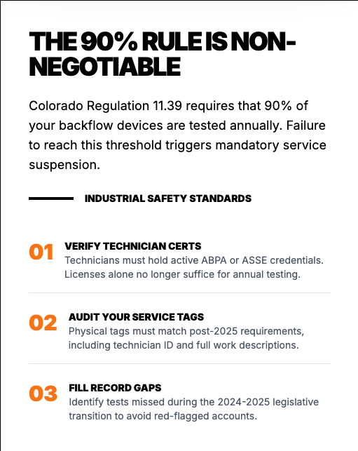 “The 90 percent rule is non negotiable” backflow compliance graphic explaining Colorado annual testing requirement and how to stay compliant