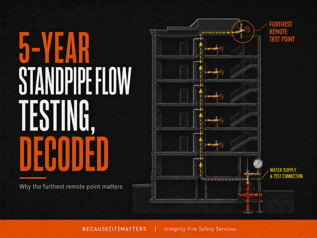 Vertical standpipe riser diagram showing hose valves, pressure zones, and the furthest remote test point. Illustrates 5-year Standpipe Flow Testing